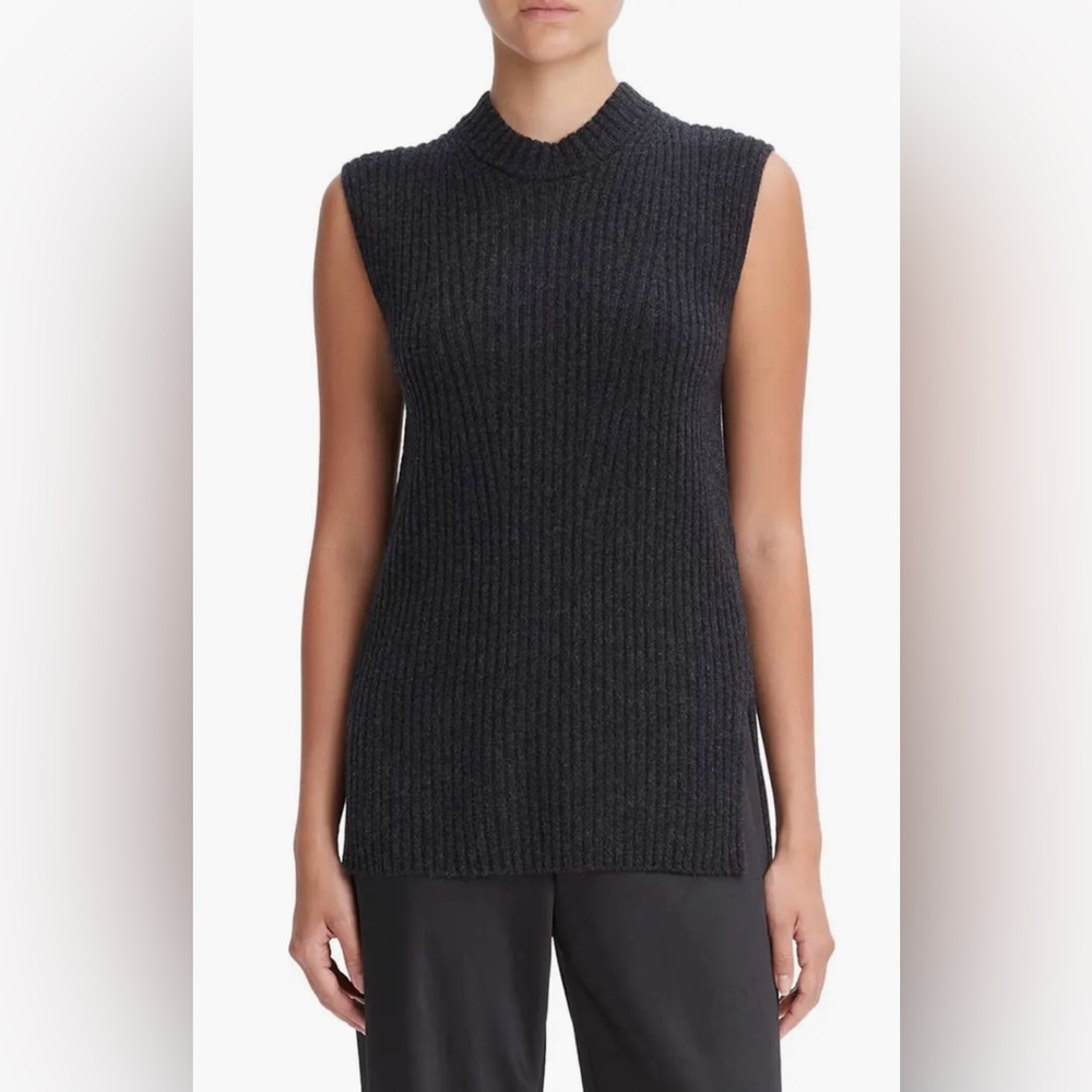 Vince Sleeveless Tunic Sweater Small Gray Wool Cashmere Ribbed Mock Neck